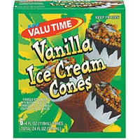 Valu Time Ice Cream Cones Vanilla 6 Ct