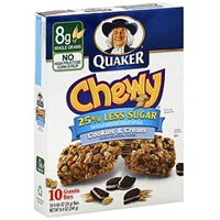 Quaker Chewy 25% Less Sugar Cookies & Cream Granola Bars Food Product Image