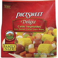 Deluxe Frozen Vegetables Deluxe Caldo Vegetables Corn, Potatoes, Carrots, Celery, Onions Food Product Image