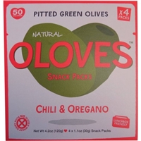 Oloves Chili & Oregano Pitted Green Olives Snack Packs, 1.1 oz, 4 count Food Product Image